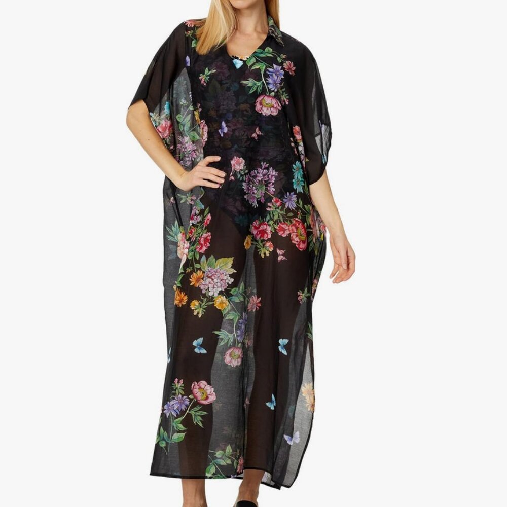 Johnny Was Black Butterfly Collared Kaftan L/XL NWT